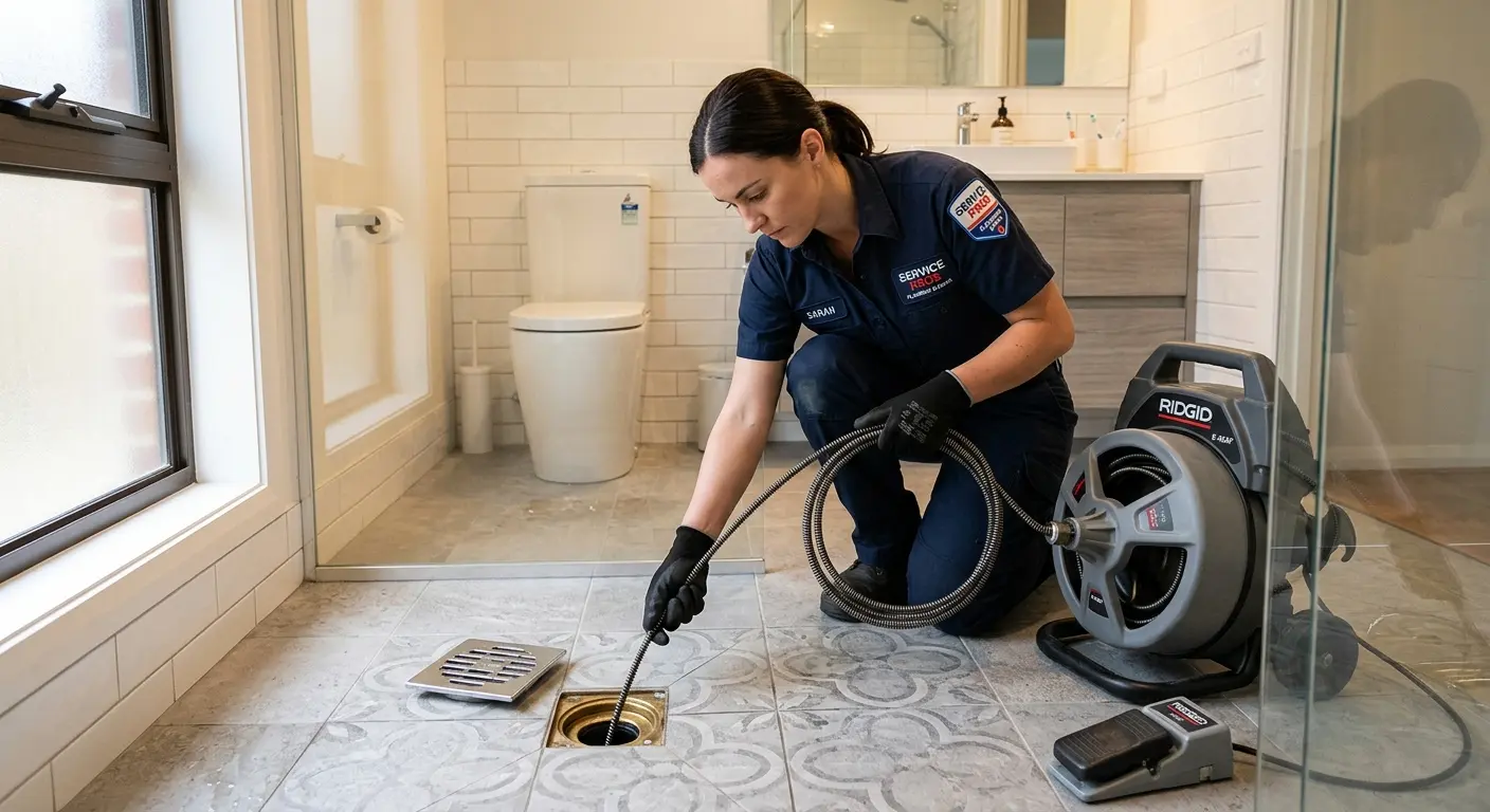 Technician clearing a bathroom floor drain for Sewer Line Replacement in Tyrone